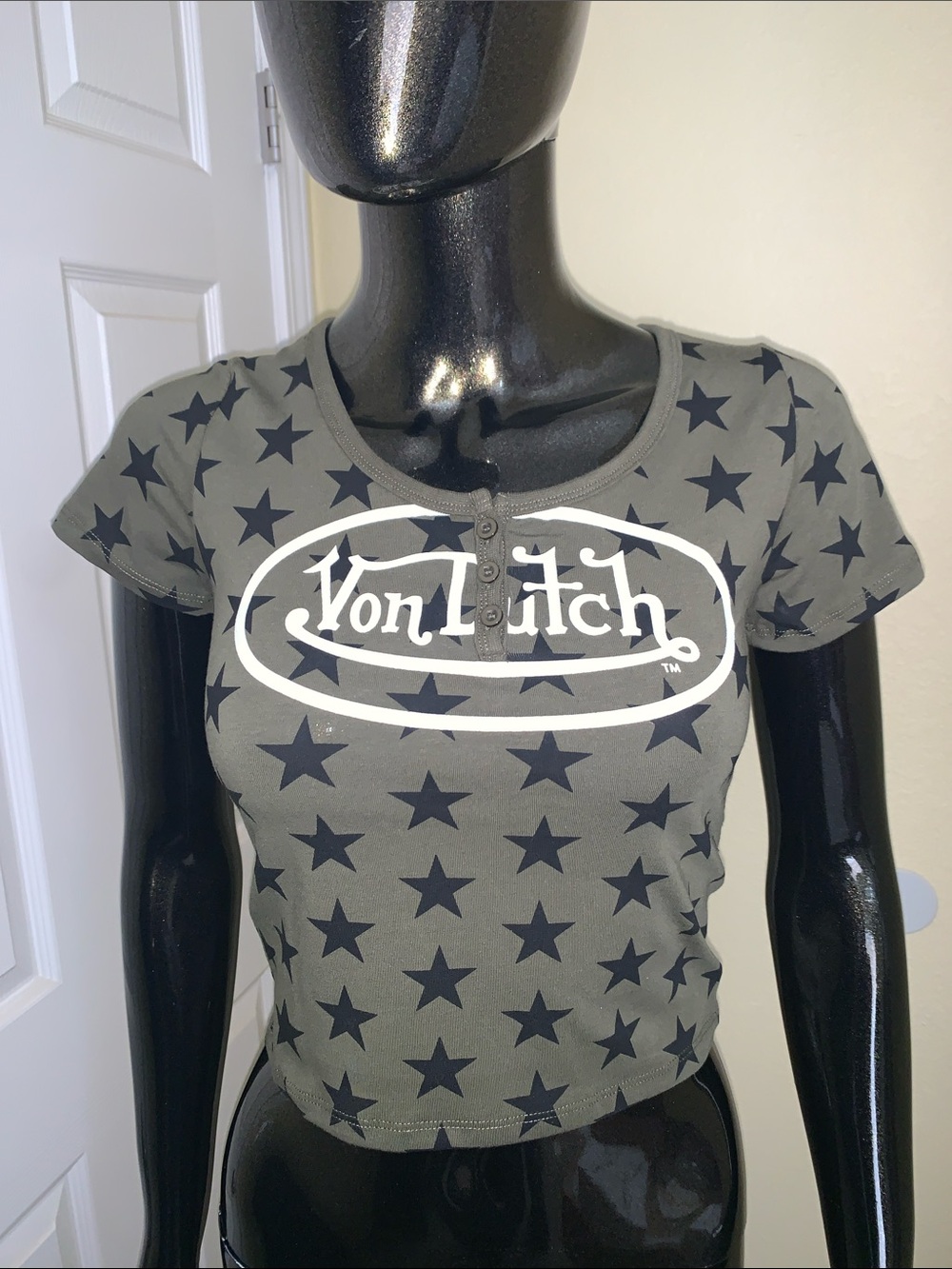 Dolls Kill x Von Dutch Olive Green Star Logo Henley Crop Top, Size Small, NWT